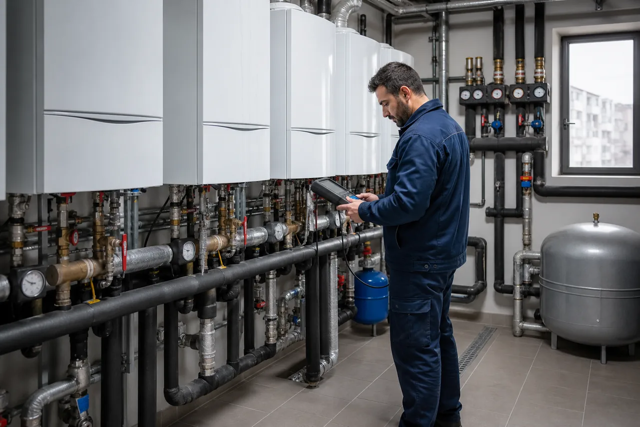 Markasız ısıtma ekipmanında teknik kontrol yapan servis çalışanı
