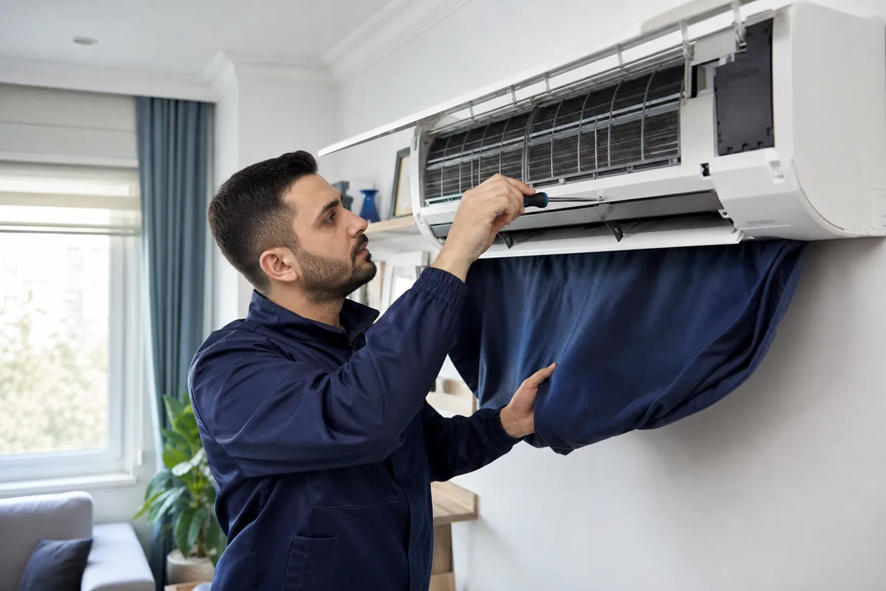 Markasız iklimlendirme ekipmanında bakım kontrolü yapan servis çalışanı